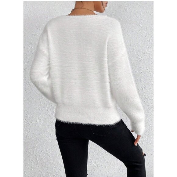 White Drop Shoulder Fuzzy Sweater - Picture 5 of 10